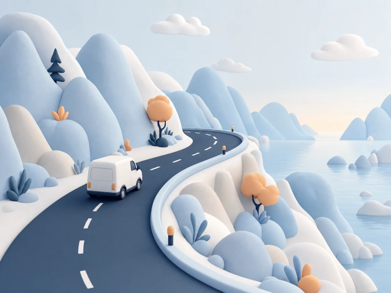 Winding road through pastel Scandinavian mountains above a fjord