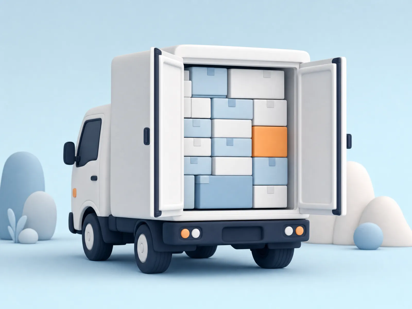 Box truck with rear doors open, fully loaded with parcels