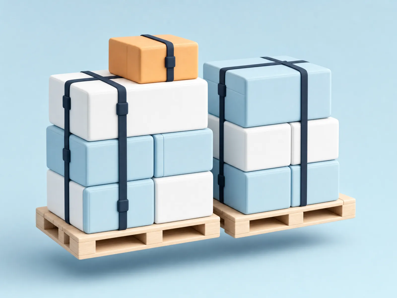 Strapped euro-pallets stacked with pastel boxes — small LTL shipments